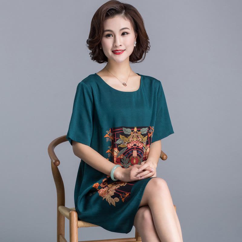 恒源祥2019新款中老年女夏装短袖连衣裙妈妈装印花雪纺裙子母亲节图片