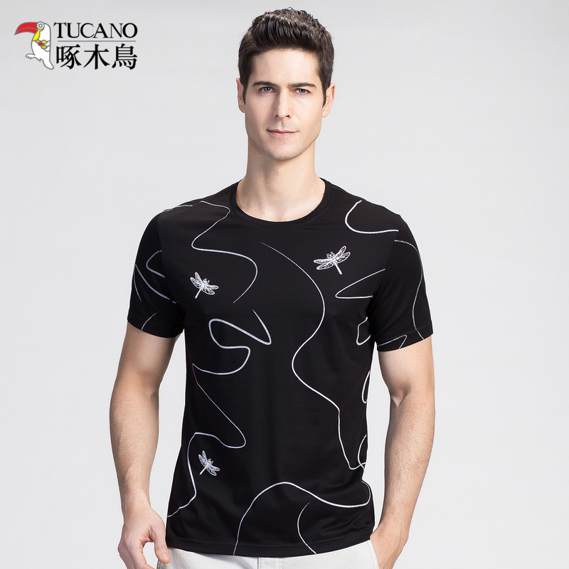 啄木鸟夏季男士新款圆领印花短袖休闲棉质男装体恤纯色潮流t恤视频