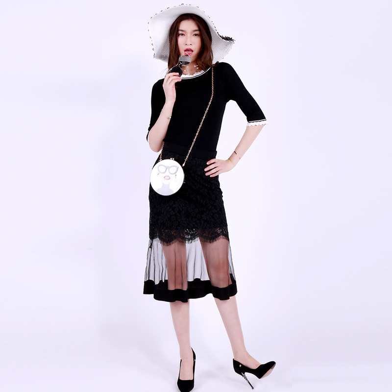 依尚街区夏季2018新款女装包臀裙时尚中长半身裙网纱拼接chic裙子