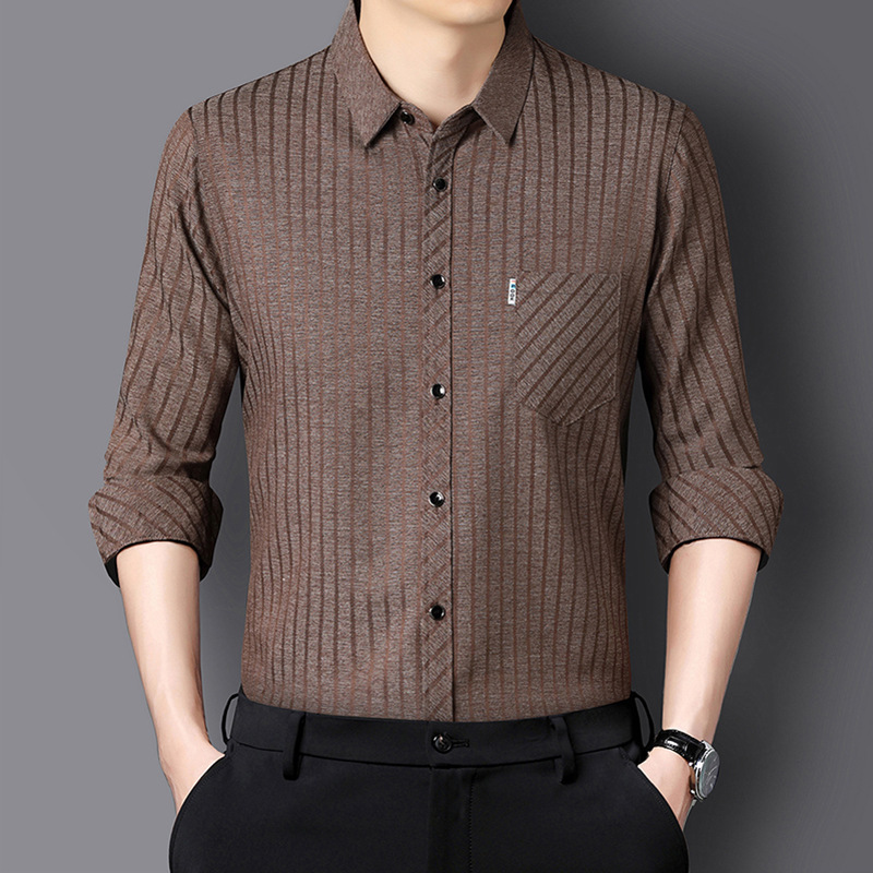 桑蚕丝男士衬衫中年爸爸装秋季新款商务休闲翻领长袖衬衣男