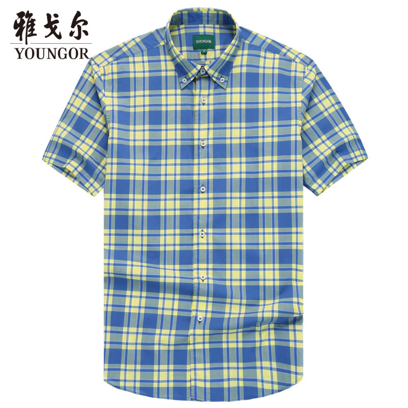 Youngor/雅戈尔夏季新品男士商务正装黄底蓝格纯棉短袖衬衫511UKA