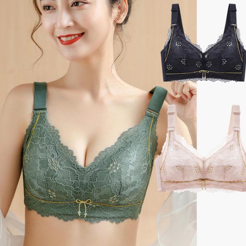 超薄款大胸显小蕾丝性感内衣女士无钢圈聚拢大码全罩杯收副乳文胸图片