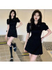 polo领连衣裙女夏季新款抽绳收腰修身显瘦甜辣纯色风短袖裙子