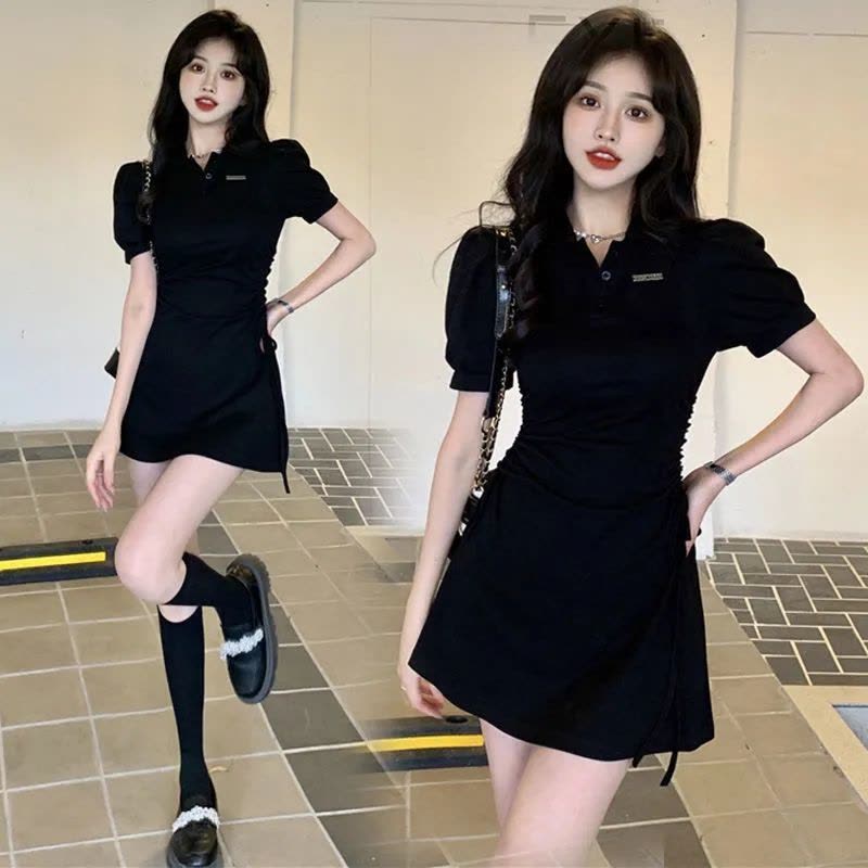 polo领连衣裙女夏季新款抽绳收腰修身显瘦甜辣纯色风短袖裙子图片