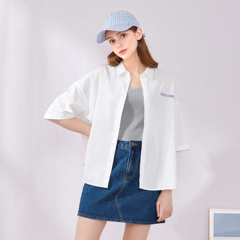 【满198减100预估价：30】Semir森马中袖衬衫女2019夏季新款翻领宽松优雅少女设计感字母刺绣