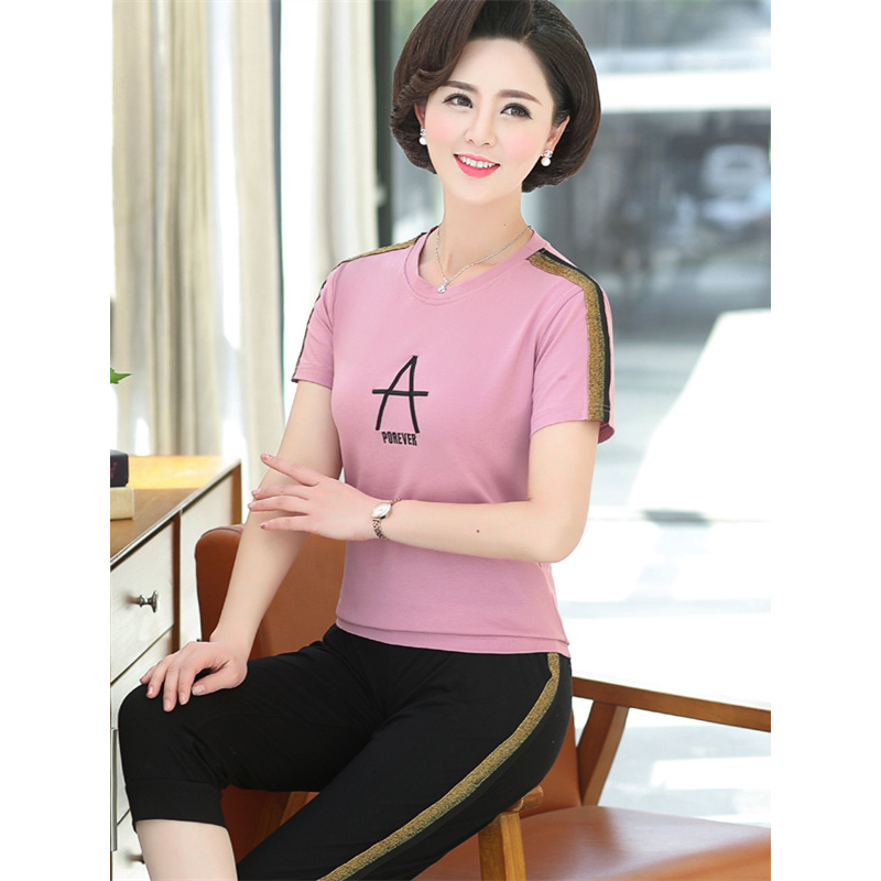 媛宿(YuanSu)中年女夏装妈妈棉短袖t恤2019新款阔太太两件套中老年运动套装女6967