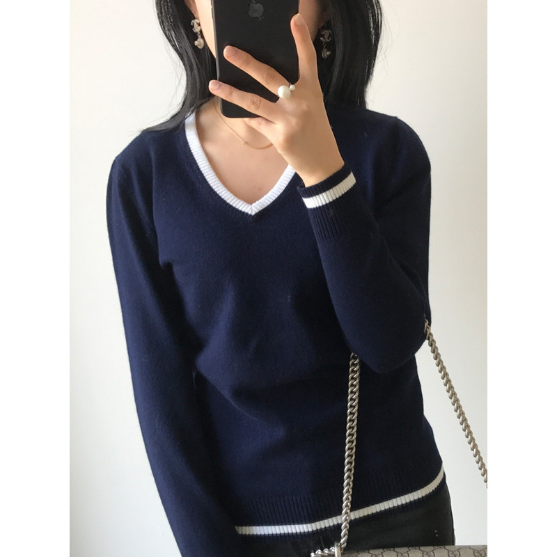 【苏宁直营】新款春秋薄v领羊绒衫毛衣女短款套头羊毛长袖修身百搭打底针织衫