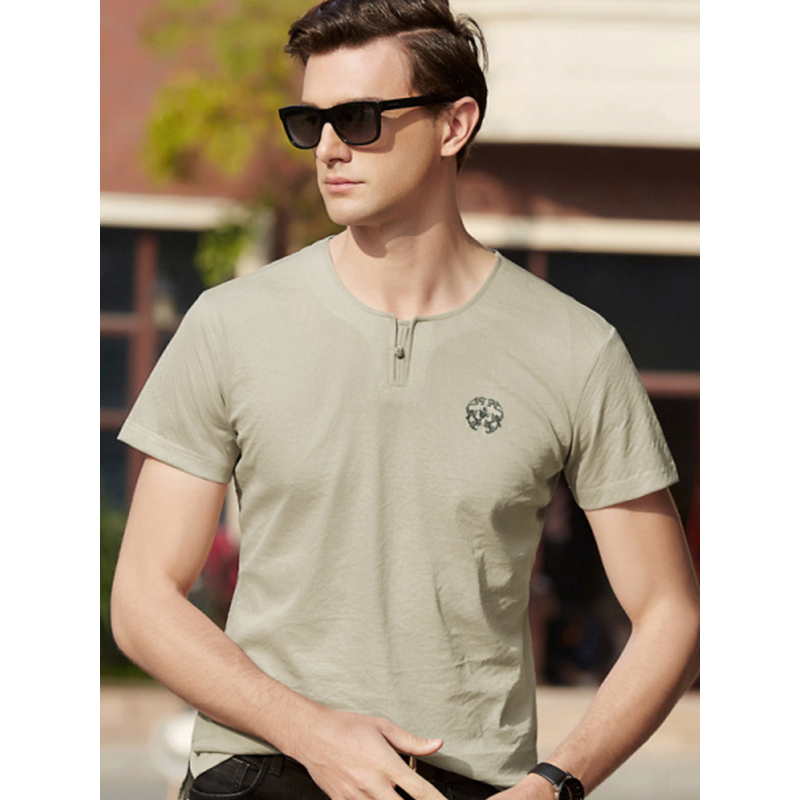 传奇保罗短袖t恤男夏季绣花杏色圆领修身时尚休闲t恤