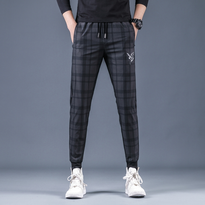 铂瑟2020夏季新款格子刺绣弹力休闲裤男修身束脚裤