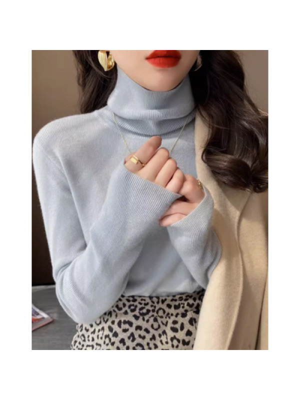 秋装新款女克莱因蓝堆堆领针织衫打底衫高领毛衣紧身修身内搭上衣