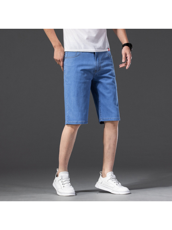 夏季马裤男弹力短牛仔男装高腰中年小爸爸浅色牛仔裤