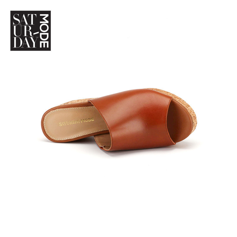 SATURDAYMODE 夏款时尚牛皮革高跟舒适女拖鞋MD6211D071