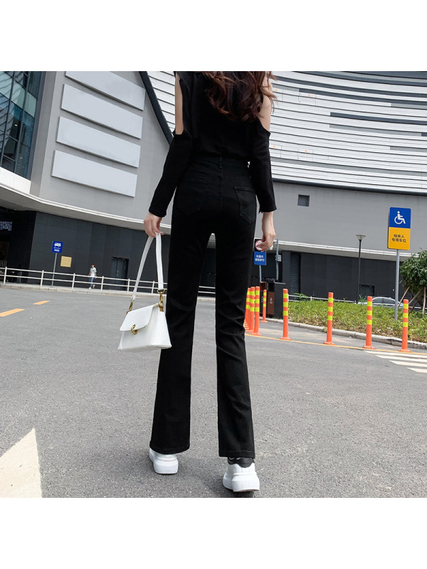 2021秋季新款开叉牛仔裤女高腰弹力修身显瘦微喇叭裤长裤口袋装饰