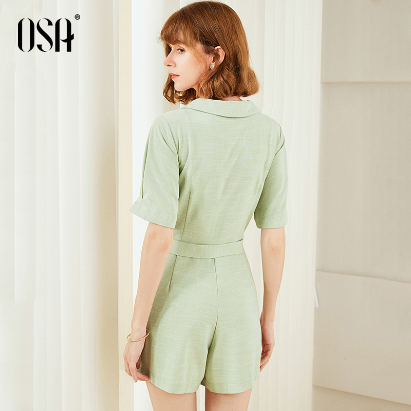 OSA欧莎阔腿连体裤女2019新款夏高腰显瘦裤子宽松韩版西装式短袖
