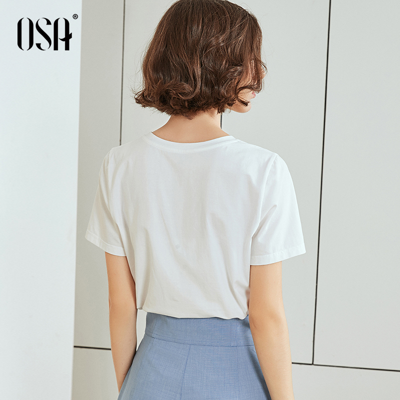 OSA欧莎白色印花T恤女2019新款夏短袖宽松显瘦上衣ins潮情侣装