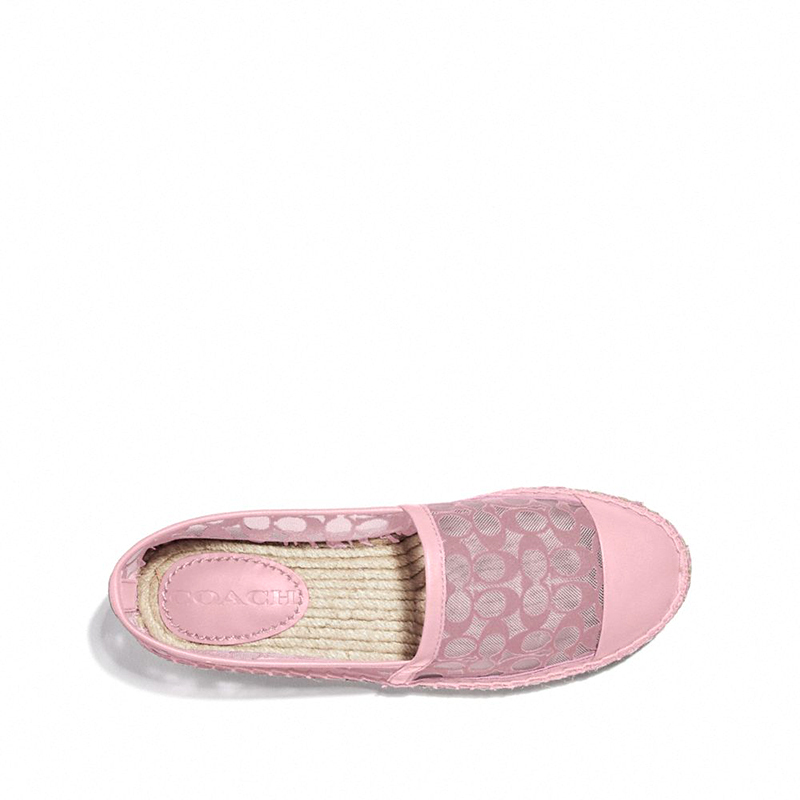 蔻驰coach女士羊皮透视logo粉色花纹休闲草编平底鞋g4819ptp