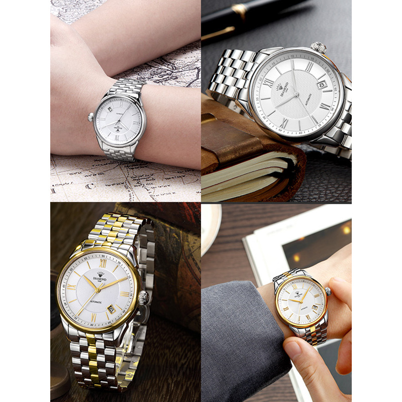 上海钻石牌手表男自动机械男表大表盘日历精钢21012男士钻石腕表