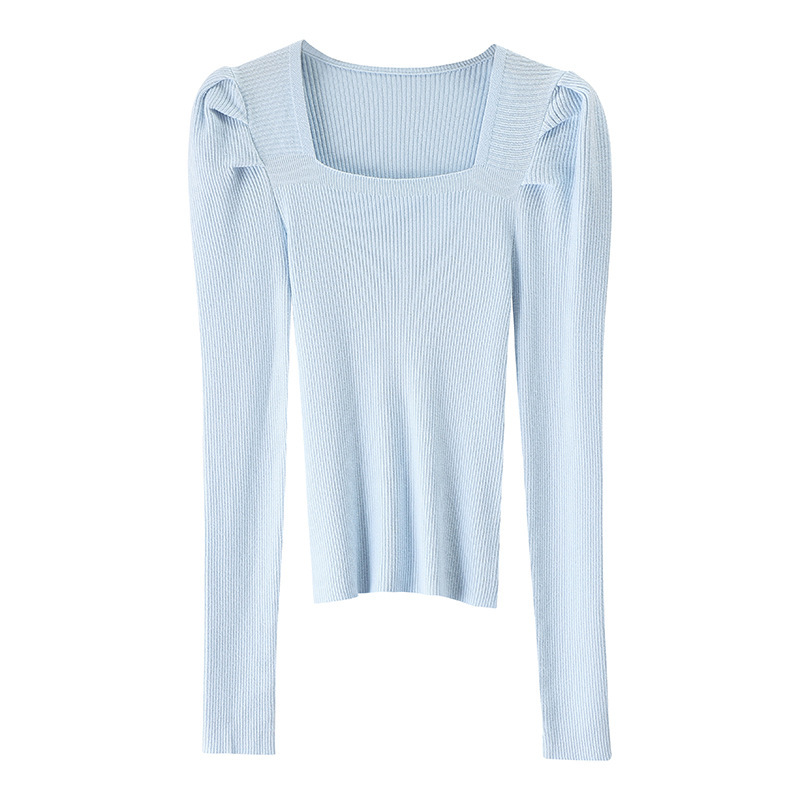 方领打底衫女秋冬新款针织锁骨低领毛衣短款黑色泡泡袖上衣潮