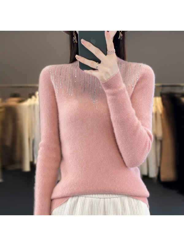 半高领镶钻女式打底衫秋季新款套头毛衣女修身内搭时尚针织衫