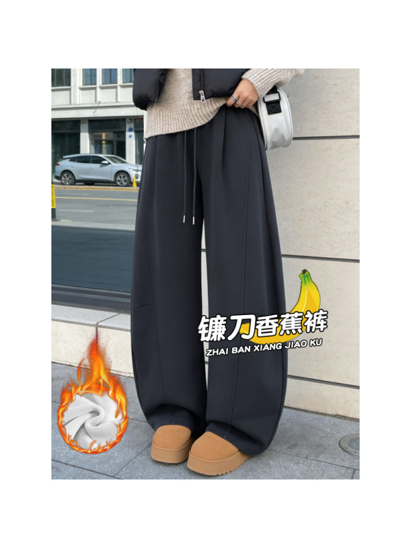 灰色加绒阔腿裤女秋冬加厚羊羔绒棉裤新款胖mm大码显瘦裤