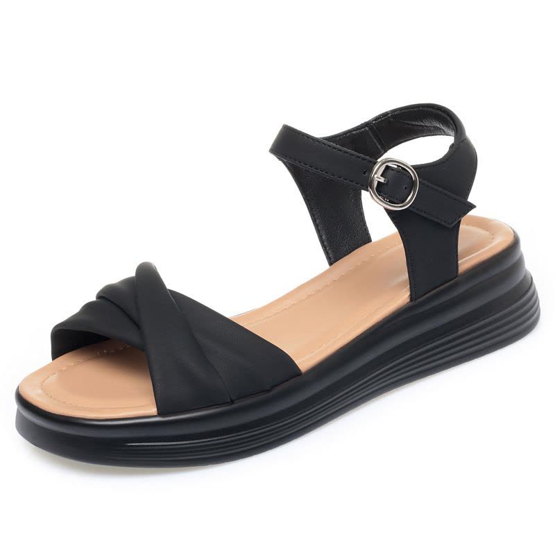 新款女士一字扣凉鞋软皮软底时尚百搭潮流女鞋夏季中空厚底凉鞋图片