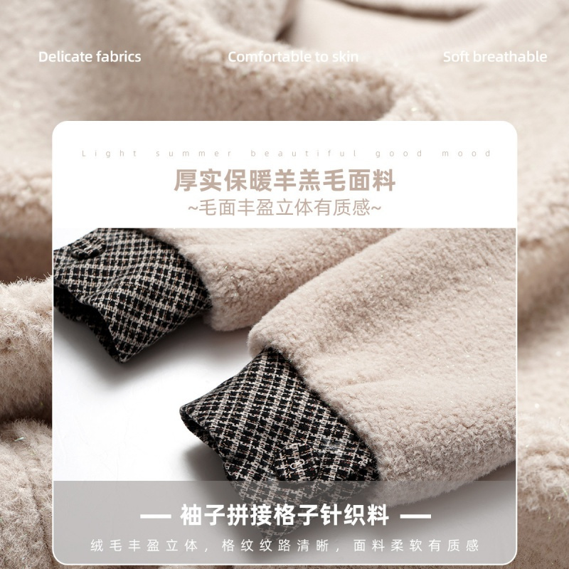 OUNIXUE欧昵雪 | [保暖羊羔毛上衣]冬季减龄圆领蝴蝶结拼接加厚宽松卫衣女