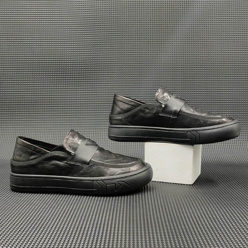 男士黑色头层牛皮休闲鞋潮流百搭欧洲站男鞋一脚蹬豆豆鞋真皮潮鞋图片