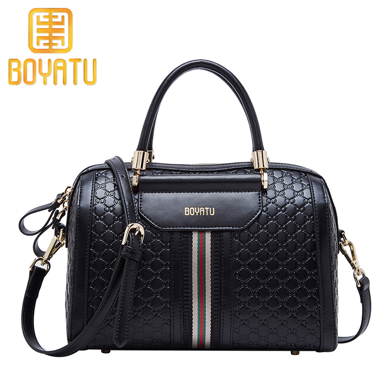 柏雅图（boyatu）经典波士顿款牛皮手提包女时尚撞色织带欧美时尚通勤包小包