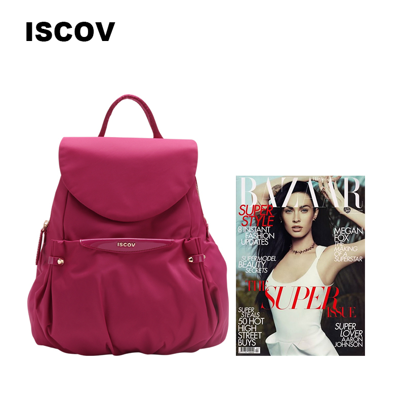ISCOV尼龙拼皮轻便双肩包 时尚休闲真皮女背包中号