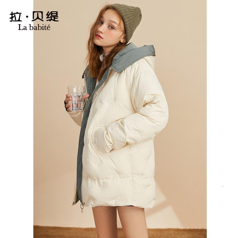 【专柜同款】拉贝缇白色羽绒服女士中长款2019冬季新款假两件矮个子面包服外套60009214