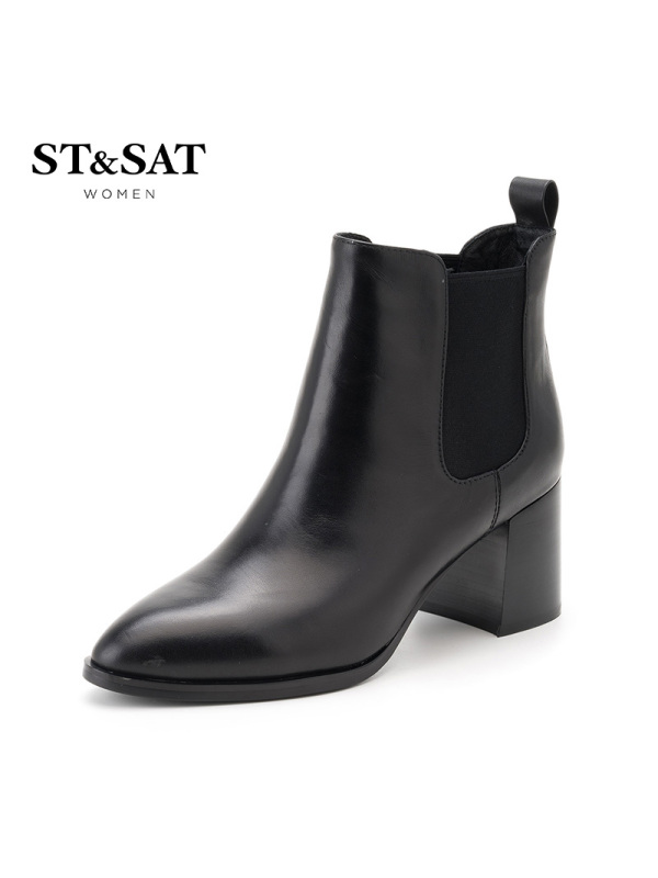 星期六(ST&SAT) 新品专柜同款圆头中跟粗跟时尚短靴女SS84116124