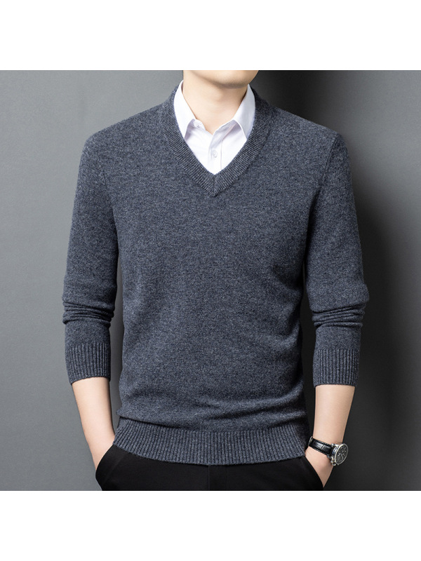 加厚纯羊毛420克鸡心领V领羊毛衫男冬季新款保暖打底男士毛衣