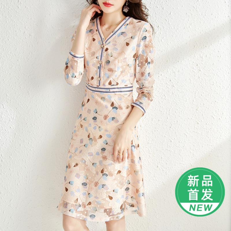 OUNIXUE欧昵雪 | [优雅印花蕾丝裙]浪漫罗纹织带拼接A字裙时尚连衣裙女