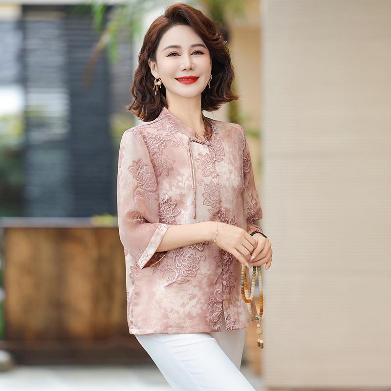 薄款妈妈夏装时尚中袖上衣女中年装大码休闲小衫国风服装中老年女