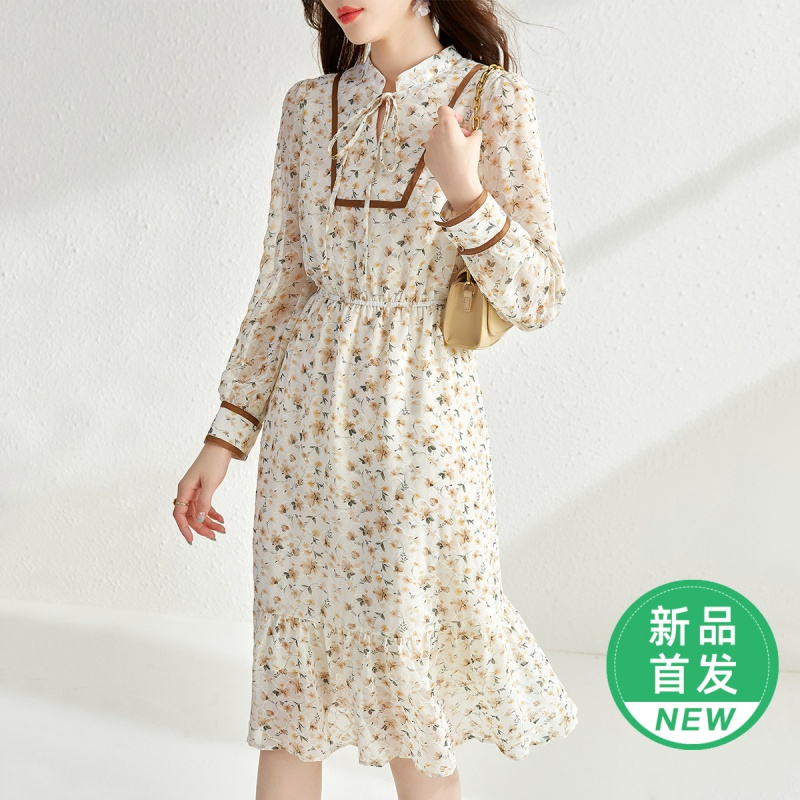 OUNIXUE欧昵雪 | [复古系带碎花裙]春季气质减龄打底裙休闲长袖连衣裙女士