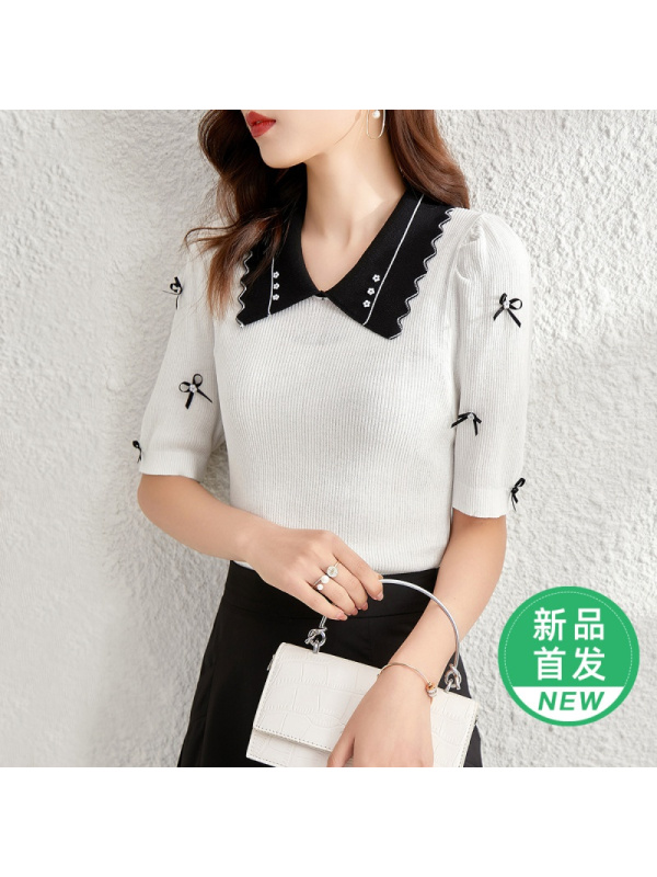 OUNIXUE欧昵雪 | [简约修身针织衫]夏季珍珠波浪型翻领T恤套头上衣短袖女