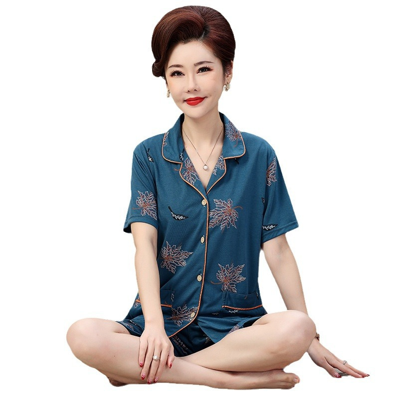 睡衣女夏季宽松棉质短袖七分裤套装中年妈妈休闲家居服大码可外穿