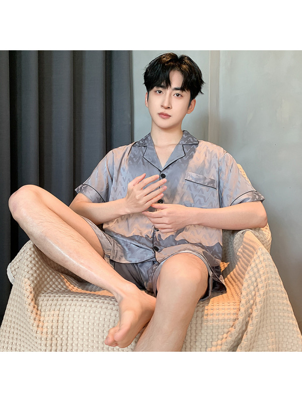夏季睡衣男士冰雪丝开衫短袖韩版休闲宽松加大码青少年家居服套装