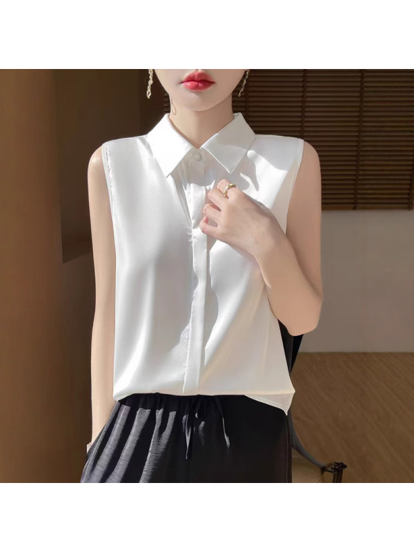 丝绸缎面25夏季新款女装POLO领无袖衬衫短款百搭T恤背心气质上衣