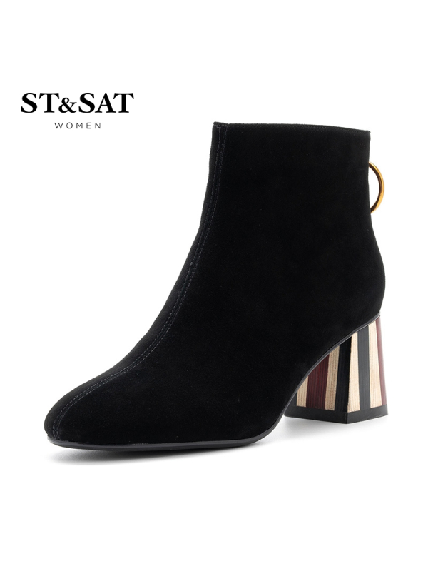 St&Sat/星期六冬新款舒适圆头粗跟高跟短靴女SS84116664