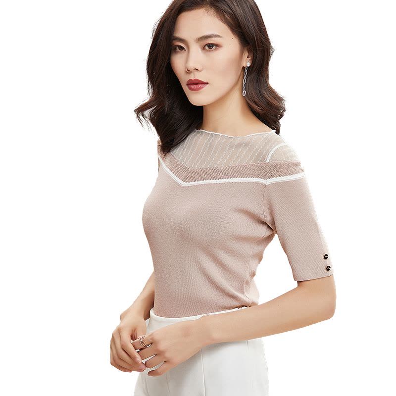 夏纱拼接一字领薄款针织衫女短袖百搭修身显瘦上衣图片