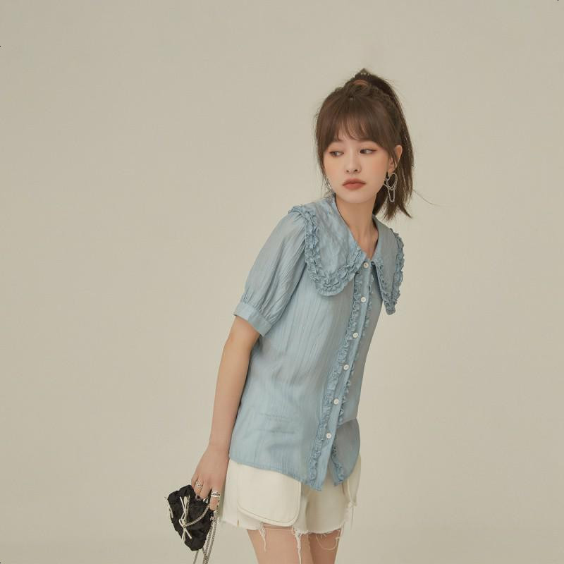 OtherMix木耳边娃娃领雪纺衫2021年夏季新款泡泡袖开衫短袖女上衣