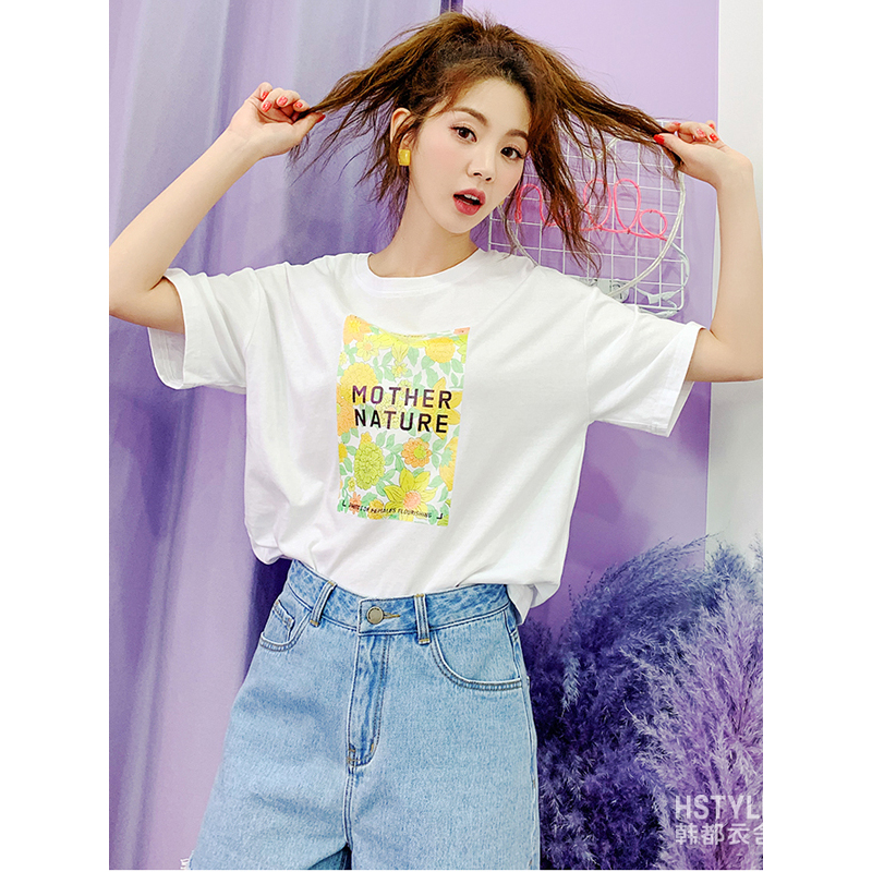 韩都衣舍2019夏装新款女装韩版宽松字母印花短袖上衣T恤KY11082湲