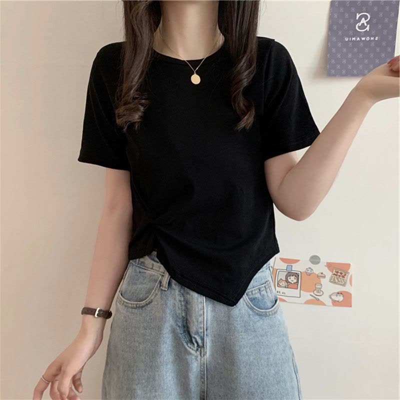 设计感不规则下摆短袖T恤女夏短款打底衫女休闲纯色上衣女装图片