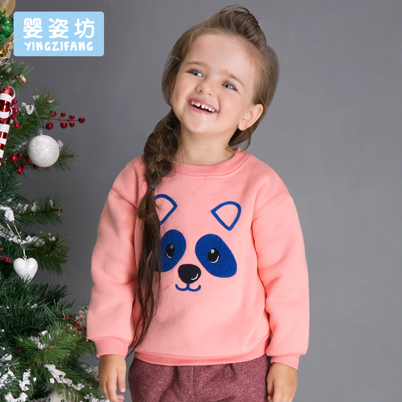 婴姿坊正品童装 女童加绒小熊绣花T恤衫可爱圆领长袖打底衫