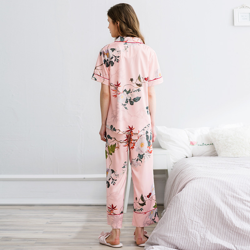 芬腾夏季睡衣女冰丝甜美可爱仿真丝绸家居服短袖阔脚裤两件套装