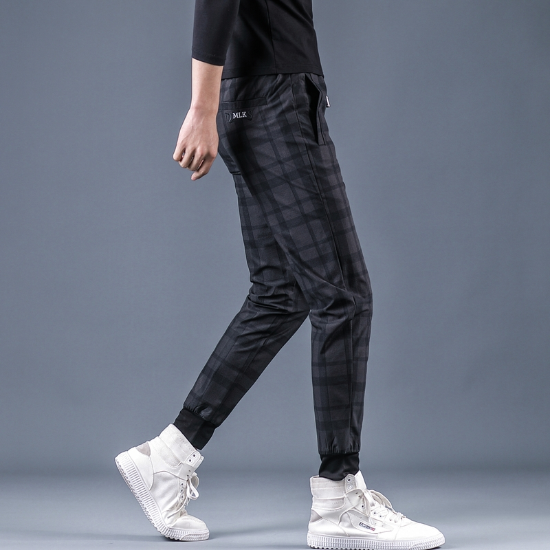 铂瑟2020夏季新款格子刺绣弹力休闲裤男修身束脚裤