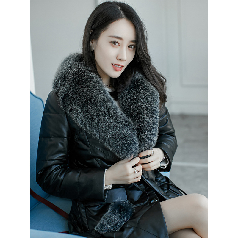 憨厚皇后 2018春季新款海宁真皮皮衣女狐狸毛领长款绵羊皮羽绒服外套71