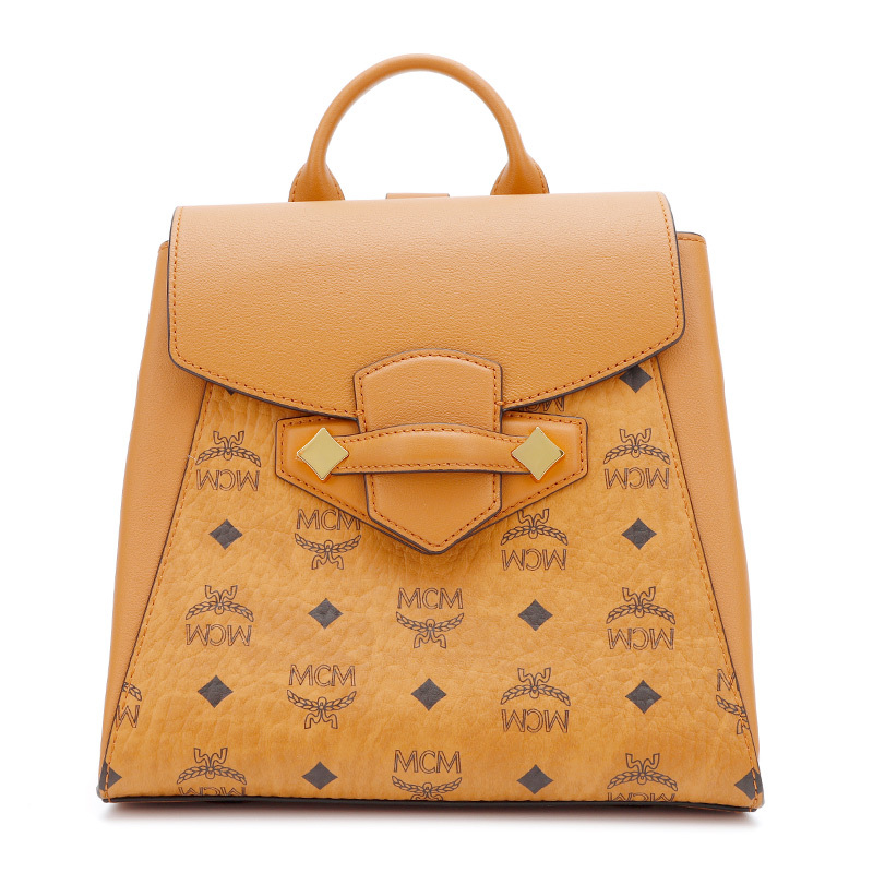 mcm奢侈品女士干邑色人造革配牛皮革迷你插扣双肩包出游包书包mwkaase