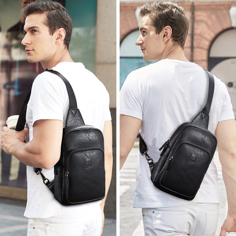 斐格feger胸包男新款斜挎包休闲背包pu男士包包男生韩版潮竖款胸包